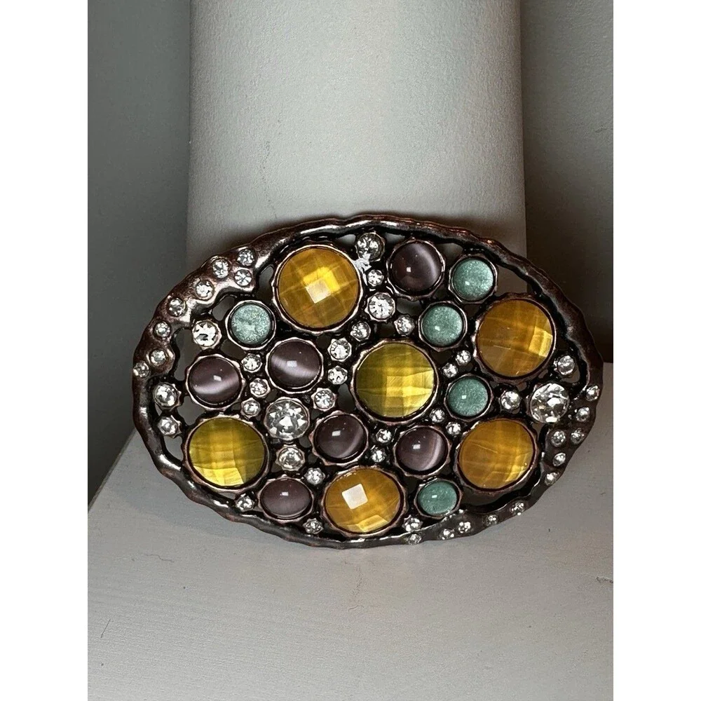 Ornate Copper Tone Oval Belt Buckle Multi Color Rhinestone Cabochon Gemstone